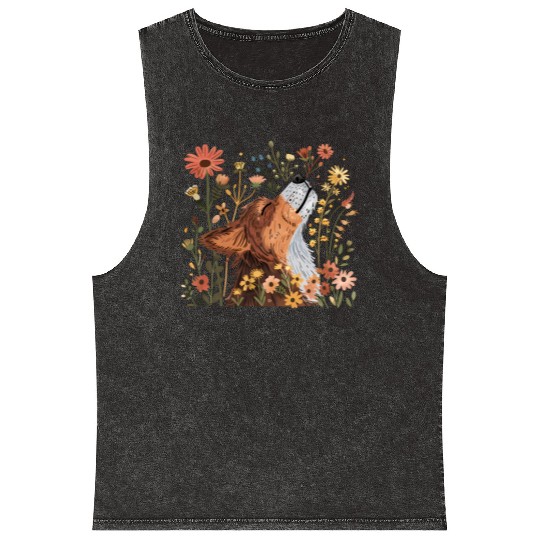 Serene Howling Wolf Amid Floral Bloom Mineral Wash Tank Tops