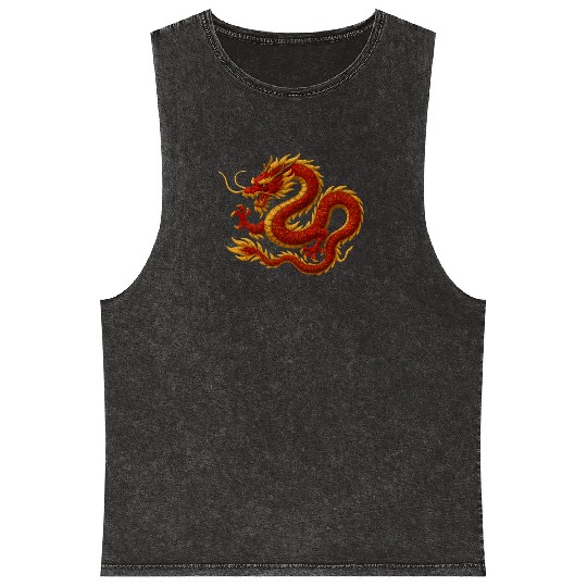 Elegant Red and Gold Dragon Design Mineral Wash Tank Tops