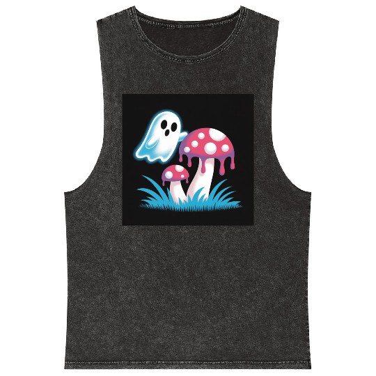 Whimsical Ghost and Mushrooms Illustration Mineral Wash Tank Tops