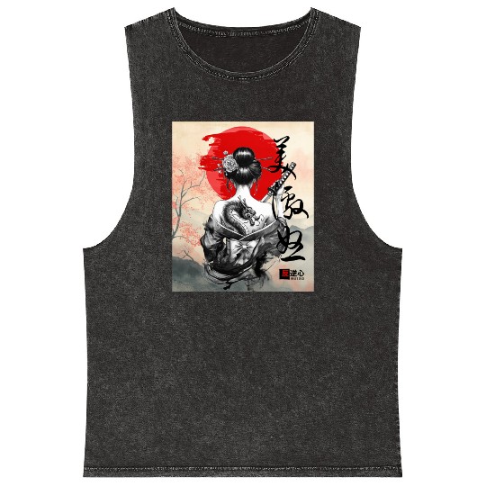 Geisha with Dragon Back Tattoo Mineral Wash Tank Tops