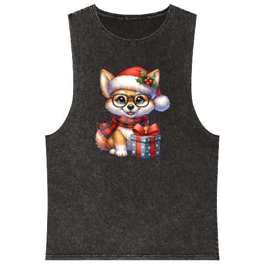 Festive Holiday Pug with Glasses and Gift Mineral Wash Tank Tops