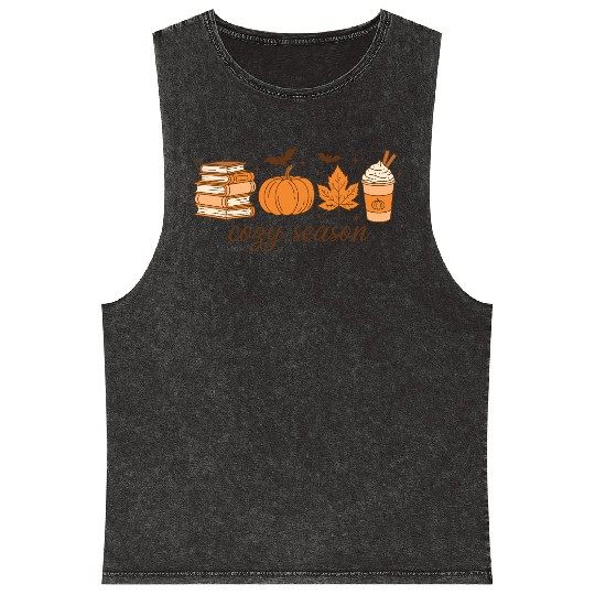 Cozy Season Pumpkin Latte Halloween Books & Leaves Mineral Wash Tank Tops