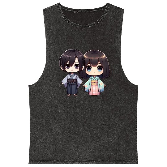 Chibi Kawaii Traditional Kimono Duo Mineral Wash Tank Tops