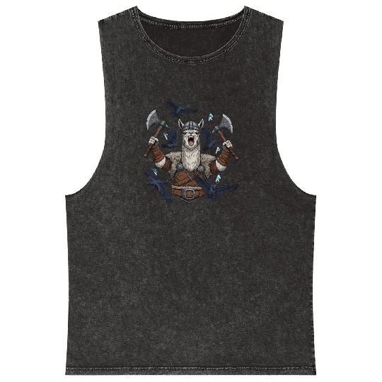 Viking Alpaca Warrior Illustration Mineral Wash Tank Tops