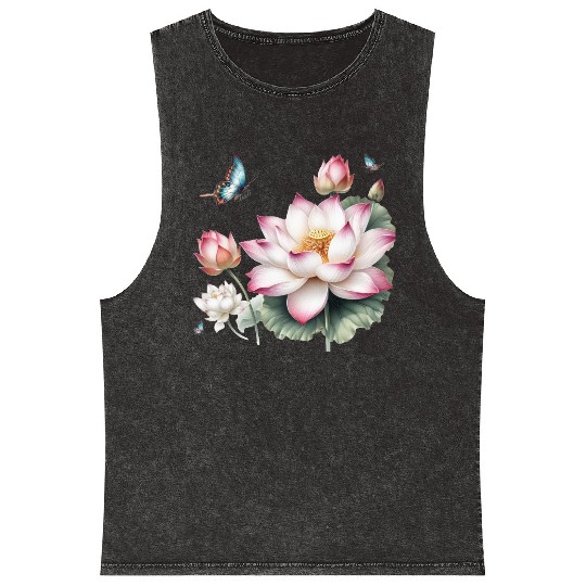 Light Pink Lotus and Butterflies  Mineral Wash Tank Tops