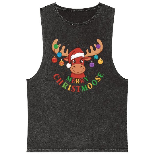 Festive Reindeer with Holiday Ornaments Mineral Wash Tank Tops