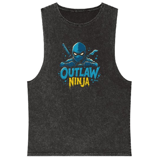 Outlaw Ninja Cartoon Design Mineral Wash Tank Tops