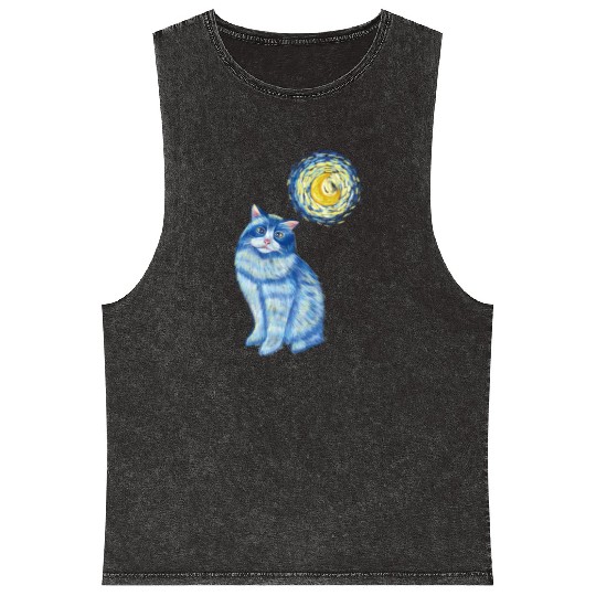Blue Van Gogh Starry Night Ragdoll Cat Graphic Mineral Wash Tank Tops