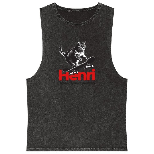 Cool Cat Skateboard with cute Boy Name HENRI Mineral Wash Tank Tops