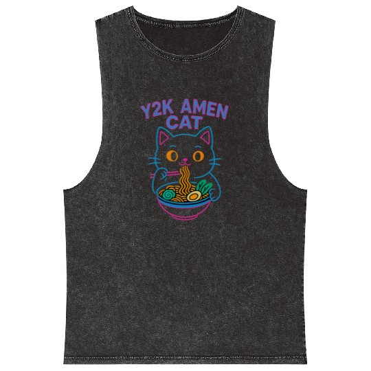Y2K Ramen Cat – Retro Neon Anime Noodle Lover Desi Mineral Wash Tank Tops