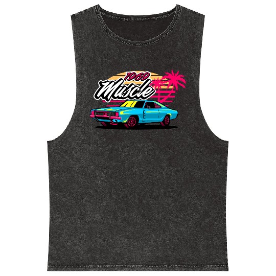Retro 1969 Muscle Car Sunset Design Mineral Wash Tank Tops