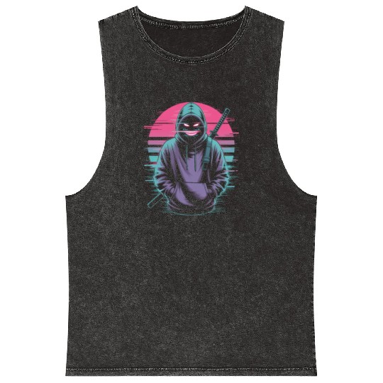 Glitch Ninja Katana Streetwear Futuristic Mineral Wash Tank Tops
