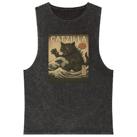 Ukiyo-e Catzilla Retro Japanese Monster Cat Mineral Wash Tank Tops