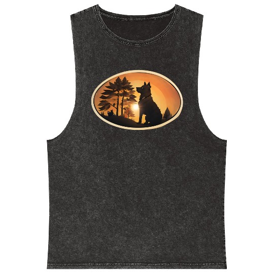 Sunset Wilderness Wolf Silhouette Mineral Wash Tank Tops