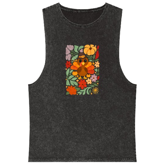 Festive Harvest Thanksgiving Turkey Mineral Wash Tank Tops