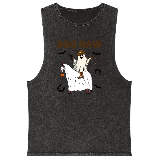 Boo Haw Halloween Ghost Cowboy Western Mineral Wash Tank Tops