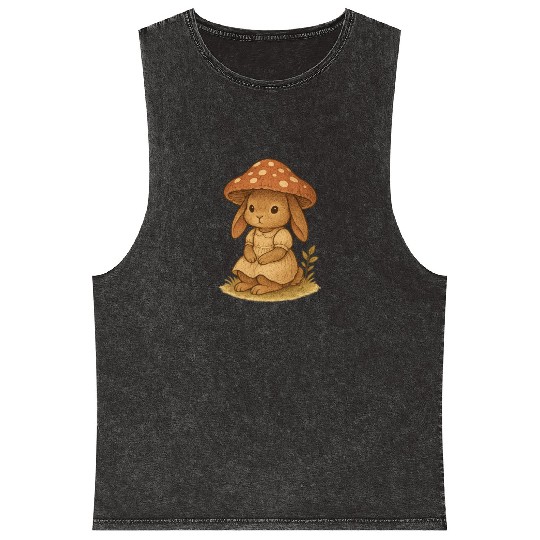 Whimsical Mushroom Bunny Illustration Mineral Wash Tank Tops