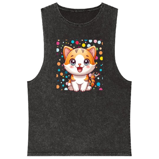 Adorable Cartoon Cute Cat Polka Dots  Mineral Wash Tank Tops