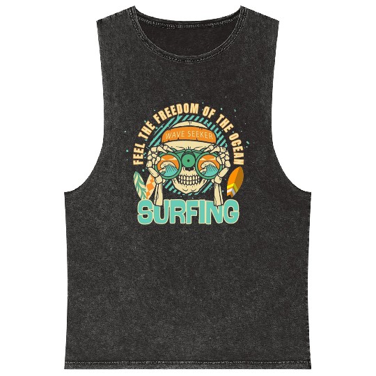 Wave Seeker Surfing Skull Design Mineral Wash Tank Tops