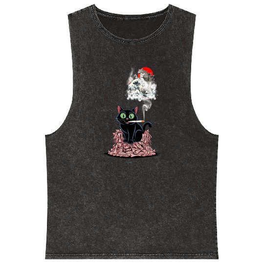 Black Cat Smoking Cigarette Catzilla Mineral Wash Tank Tops