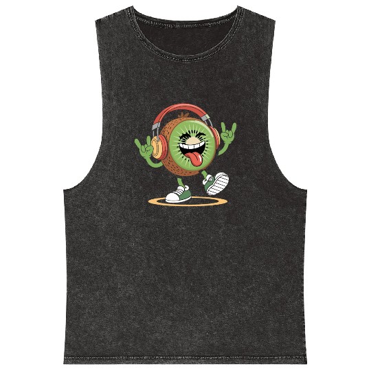 Playful Kiwi Cartoon with Headphones Mineral Wash Tank Tops