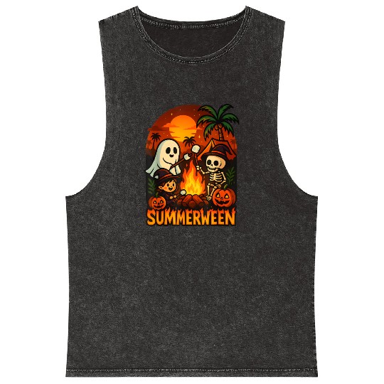 Summerween Campfire Ghost Skeleton Funny Halloween Mineral Wash Tank Tops