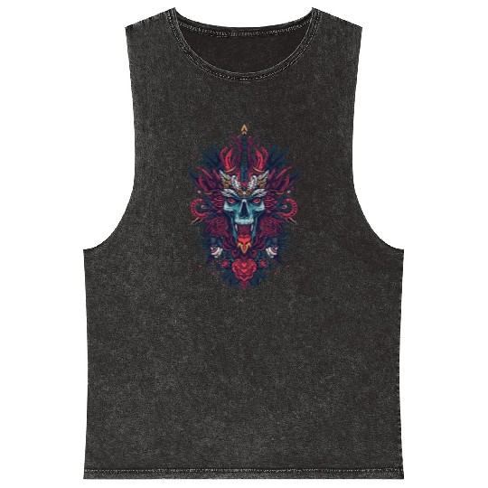 Vivid Tribal Skull with Mandala Elements Mineral Wash Tank Tops