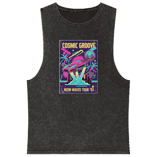 Neon Retro Space Car Tour 93 Mineral Wash Tank Tops