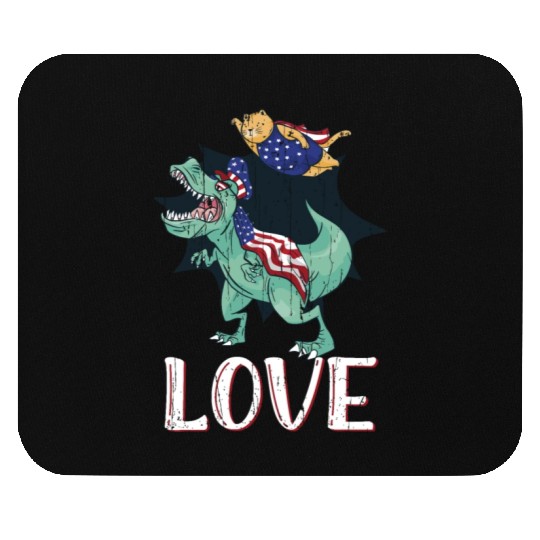 Love America Cat Dinosaur USA Flag 4th Of July Mouse Pads