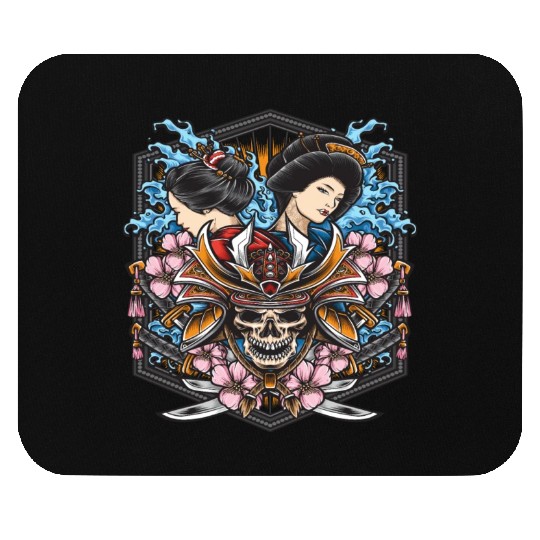 skull samurai with geisha Mouse Pads