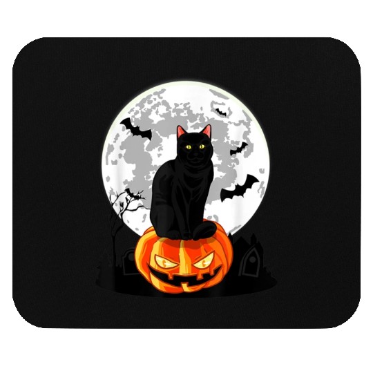 Black Cat On Pumpkin Mouse Pads Full Moon Halloween