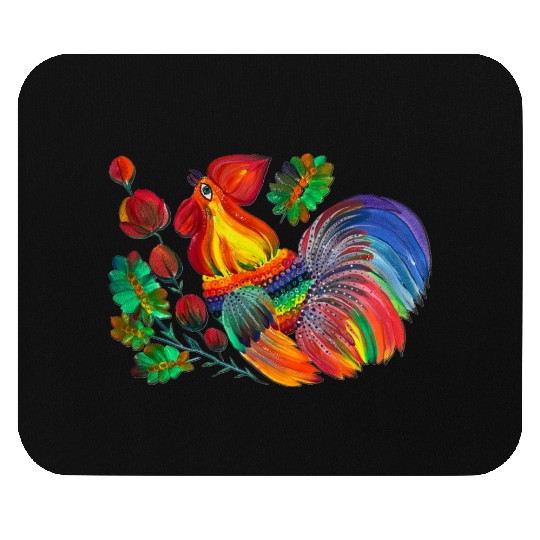 Magic cock. Petrykivka painting. Rainbow rooster Mouse Pads