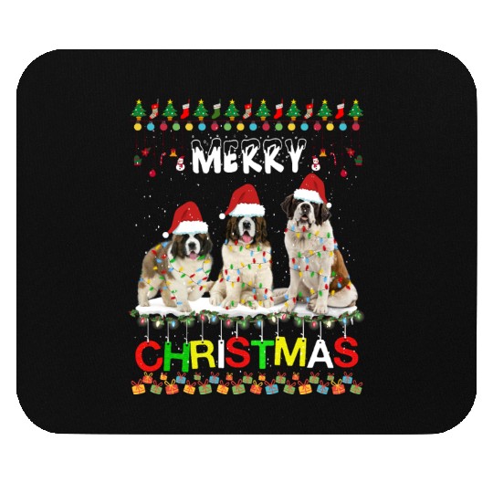 Saint Bernard Christmas Tree Light Pajama Xmas Dog Mouse Pads