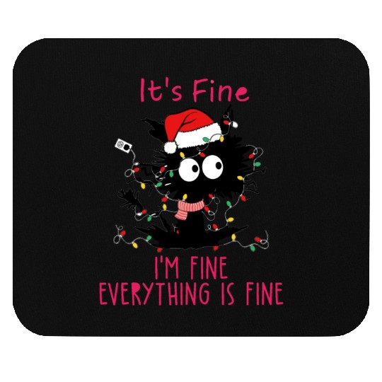 Everything's Fine Black Cat Tangled in XMAS Light Mouse Pads