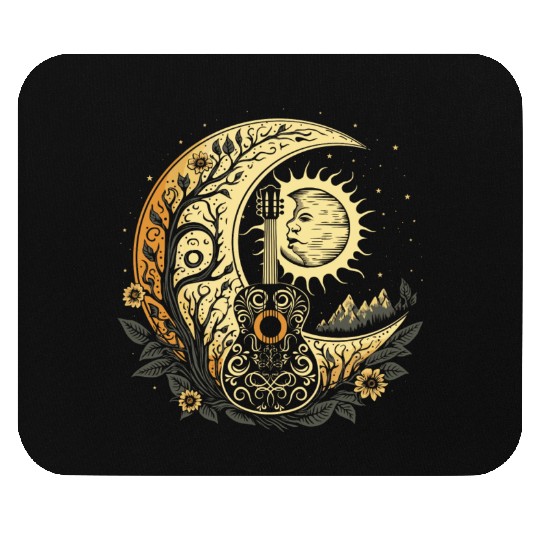 Cottagecore Acoustic Guitar With Moon, Sun, Stars Mouse Pads