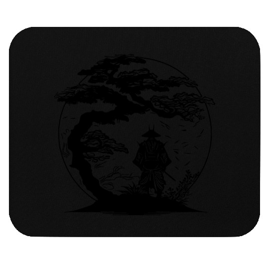 Japanese Warrior Under Cherry Blossoms Mouse Pads