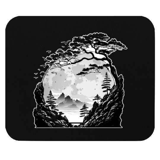 Japanese Mountain Landscape Gothic Full Moon Fores Mouse Pads