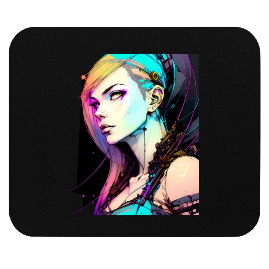 Neon Dreams A Cyberpunk Girl with Orange Teal Hair Mouse Pads