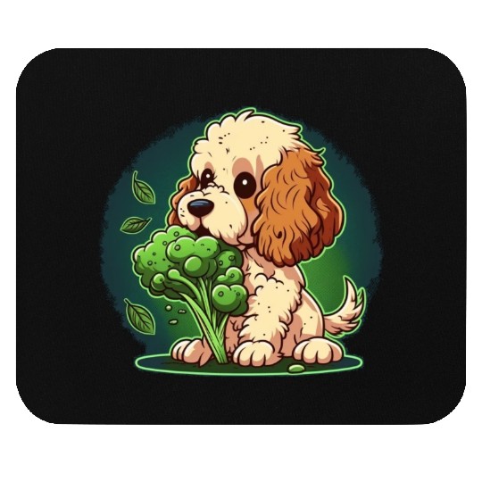 Cute dog eats green broccoli vegetables Mouse Pads