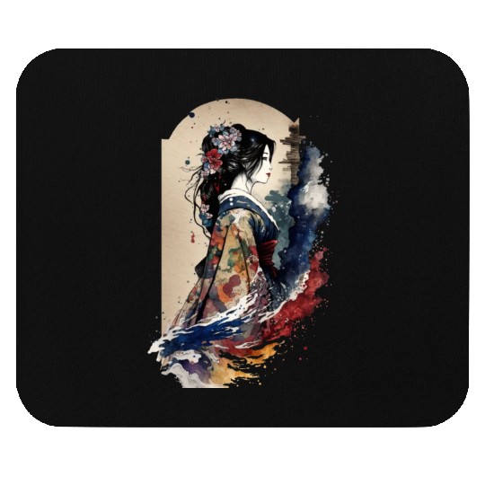 Geisha Watercolor Sea Waves Asian Art Woman Mouse Pads