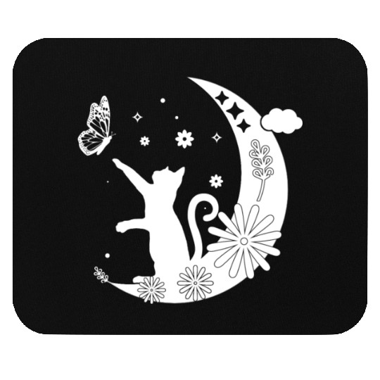 Floral Night Cat Sitting On Moon With Butterfly Mouse Pads