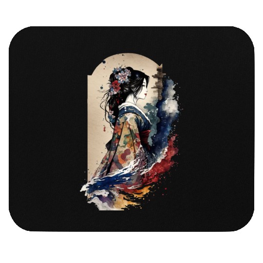 Geisha Watercolor Sea Waves Asian Art Woman Mouse Pads