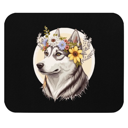 Cute Siberian Husky Flower Crown Pet Dog Breed Pup Mouse Pads