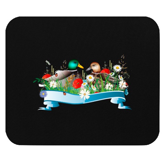 Pair of ducks in a lake with a spring-like shore Mouse Pads