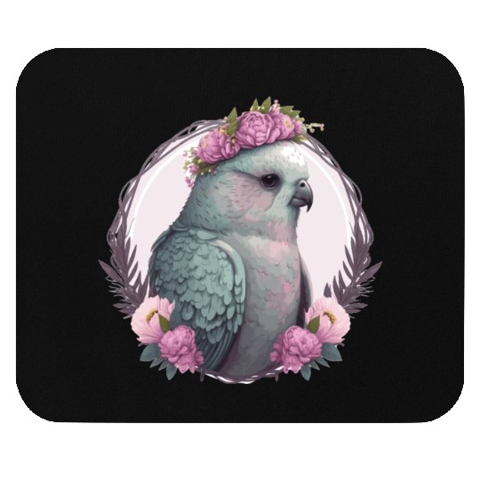 Watercolor Gray Budgie Parakeet Bird Flower Crown Mouse Pads