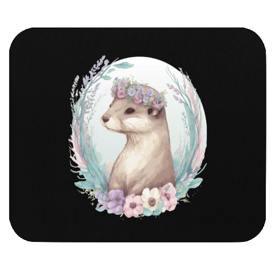 Cute Watercolor Otter Flower Crown Floral Boho Ani Mouse Pads