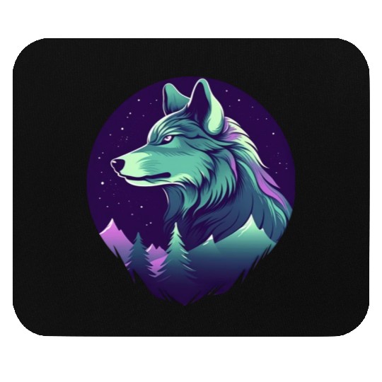 Starry Night Wolf With Northern Light Colors Mouse Pads