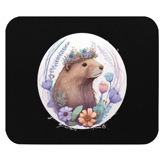 Cute Watercolor Beaver Flower Crown Mouse Pads