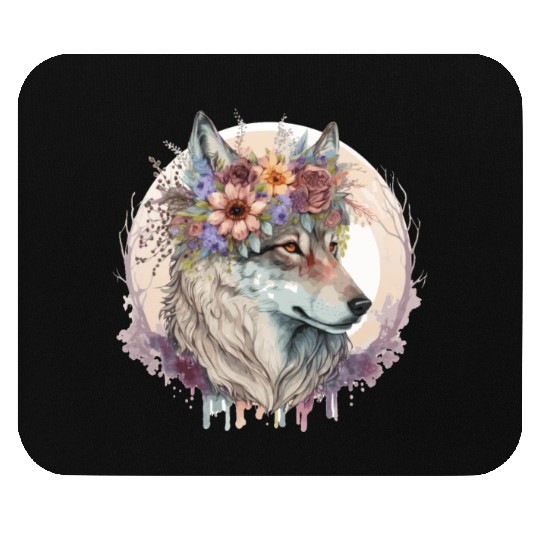 Cute Wolf Flower Crown Boho Aesthetic Animal Lover Mouse Pads