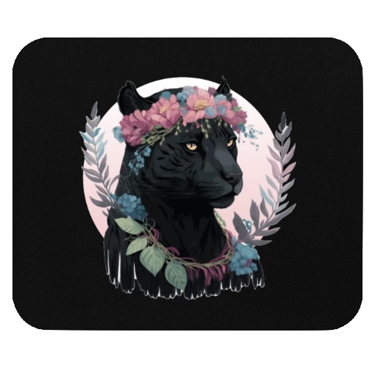 Cute Black Watercolor Panther Flower Crown Boho Ae Mouse Pads